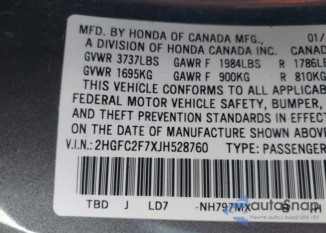 2018 Honda Civic Ex z USA, uszkodzony, nr VIN 2HGFC2F7XJH528760